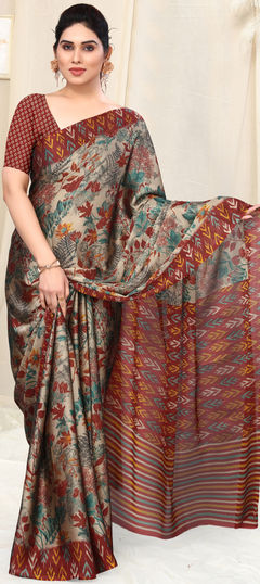 Beige and Brown color Saree in Chiffon fabric with Printed work