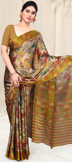 Beige and Brown color Saree in Chiffon fabric with Printed work