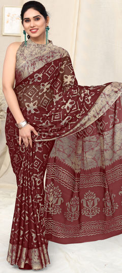 Red and Maroon color Saree in Faux Chiffon fabric with Block Print work