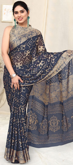 Blue color Saree in Faux Chiffon fabric with Block Print work