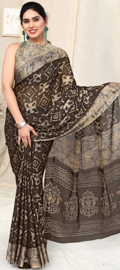 Beige and Brown color Saree in Faux Chiffon fabric with Block Print work