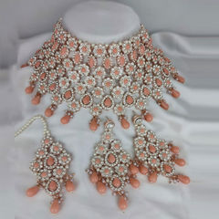 Gold Rodium Polish Pink and Majenta color Necklace in Metal Alloy studded with CZ Diamond, Pearl