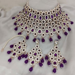 Gold Rodium Polish Purple and Violet color Necklace in Metal Alloy studded with CZ Diamond, Pearl