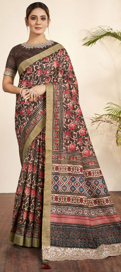 Beige and Brown color Saree in Art Silk, Silk fabric with Floral, Stone work