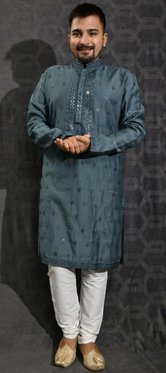 Black and Grey color Kurta Pyjamas in Silk cotton fabric with Embroidered, Sequence, Thread work