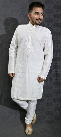 White and Off White color Kurta Pyjamas in Silk cotton fabric with Embroidered, Sequence, Thread work