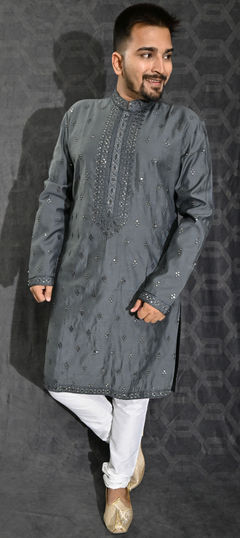 Black and Grey color Kurta Pyjamas in Silk cotton fabric with Embroidered, Sequence, Thread work