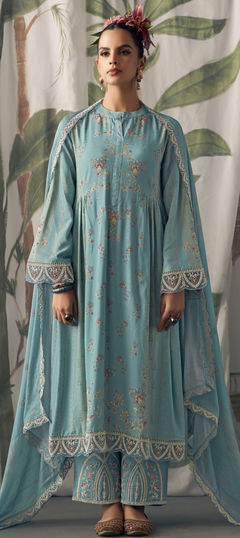 Blue color Salwar Kameez in Muslin fabric with Digital Print, Embroidered, Thread work