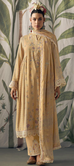 Beige and Brown color Salwar Kameez in Muslin fabric with Digital Print, Embroidered, Thread work