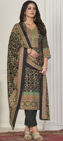 Beige and Brown color Salwar Kameez in Pashmina fabric with Digital Print, Floral work