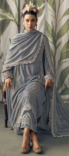 Black and Grey color Salwar Kameez in Muslin fabric with Digital Print, Embroidered, Thread work