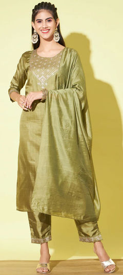 Green color Salwar Kameez in Blended fabric with Embroidered, Sequence, Thread work