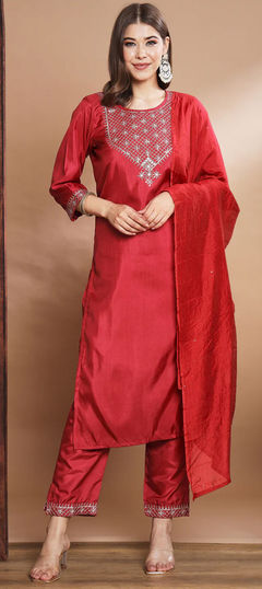 Red and Maroon color Salwar Kameez in Blended fabric with Embroidered, Sequence, Thread work