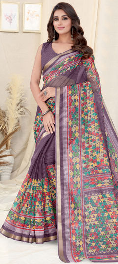 Party Wear, Traditional Pink and Majenta color Saree in Kota Doria Silk fabric with Bengali, South Weaving work : 1915264