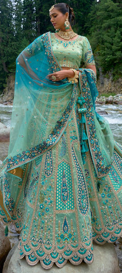 Bridal, Reception, Wedding Green color Lehenga in Silk fabric with Flared Border, Embroidered, Resham, Stone, Thread, Zari work : 1915298