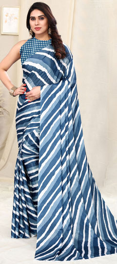 Blue color Saree in Satin Silk, Silk fabric with Printed work