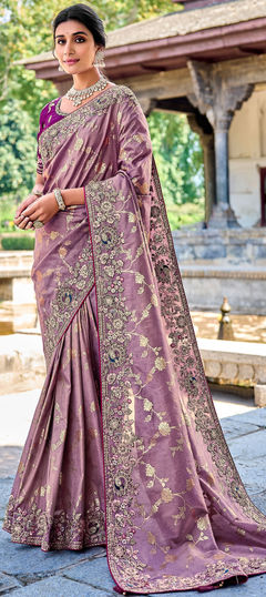 Purple and Violet color Saree in Banarasi Silk fabric with Embroidered, Resham, Sequence, Thread, Weaving, Zari work