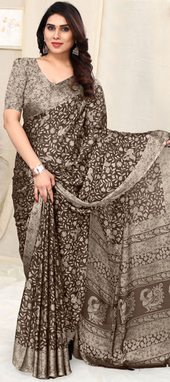 Beige and Brown color Saree in Chiffon fabric with Printed work