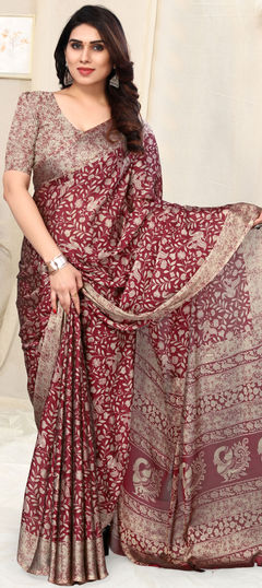 Red and Maroon color Saree in Chiffon fabric with Printed work