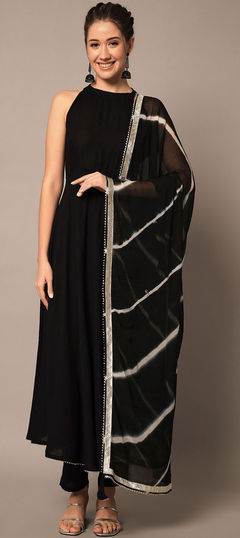 Black and Grey color Salwar Kameez in Rayon fabric with Lace work