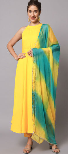 Yellow color Salwar Kameez in Rayon fabric with Lace work