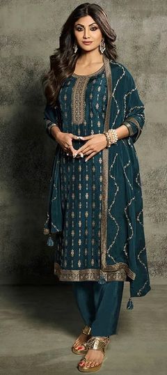 Blue color Salwar Kameez in Jacquard fabric with Embroidered, Thread work