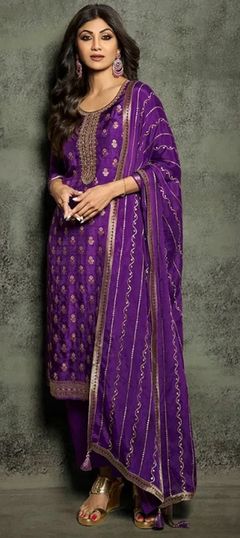 Purple and Violet color Salwar Kameez in Jacquard fabric with Embroidered, Thread work