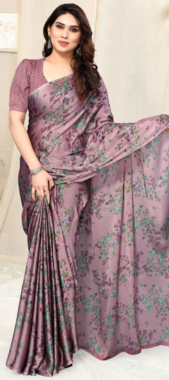 Purple and Violet color Saree in Chiffon fabric with Floral, Printed work