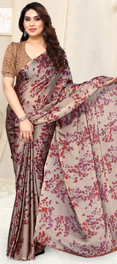 Beige and Brown color Saree in Chiffon fabric with Floral, Printed work