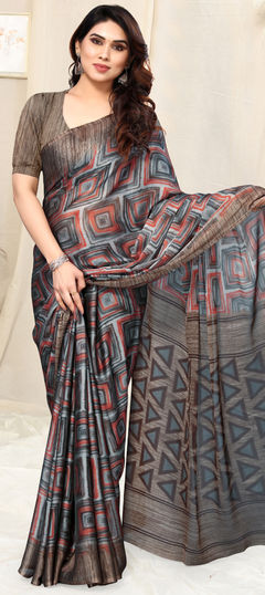 Black and Grey color Saree in Chiffon fabric with Printed work