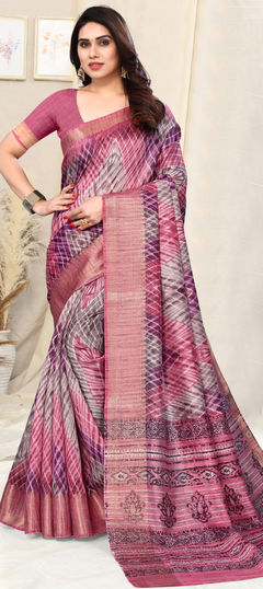Pink and Majenta color Saree in Silk, Silk cotton fabric with Lehariya, Printed work