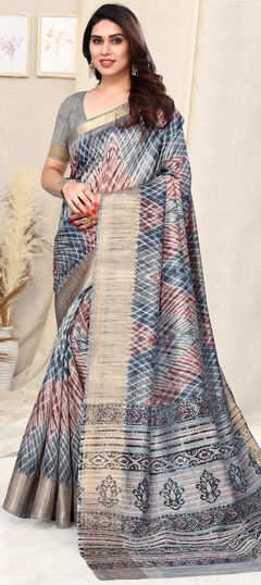 Black and Grey color Saree in Silk, Silk cotton fabric with Lehariya, Printed work