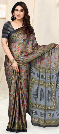 Black and Grey color Saree in Chiffon fabric with Printed work