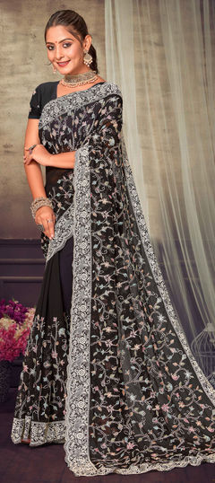 Black and Grey color Saree in Georgette fabric with Embroidered, Resham, Thread work