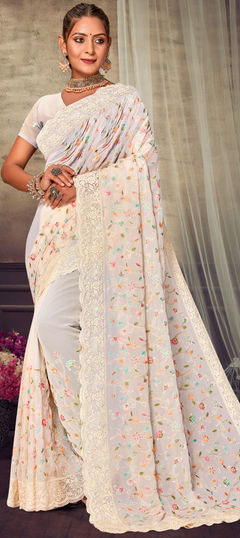 White and Off White color Saree in Georgette fabric with Embroidered, Resham, Thread work