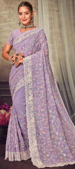 Purple and Violet color Saree in Georgette fabric with Embroidered, Resham, Thread work