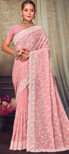 Pink and Majenta color Saree in Georgette fabric with Embroidered, Resham, Thread work