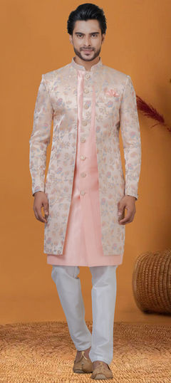 Pink and Majenta color IndoWestern Dress in Jacquard fabric with Weaving work