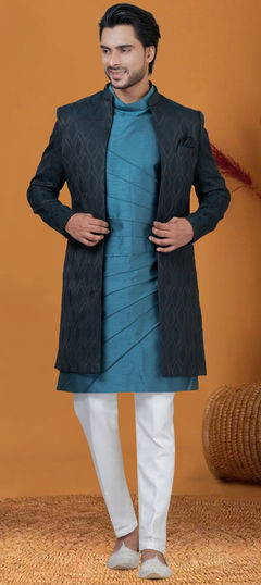 Blue color IndoWestern Dress in Jacquard fabric with Weaving work