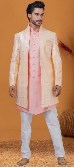 Pink and Majenta color IndoWestern Dress in Jacquard fabric with Weaving work