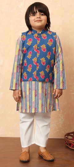 Festive, Summer, Wedding Blue color Boys Kurta Pyjama with Jacket in Cotton fabric with Floral, Printed work : 1915627