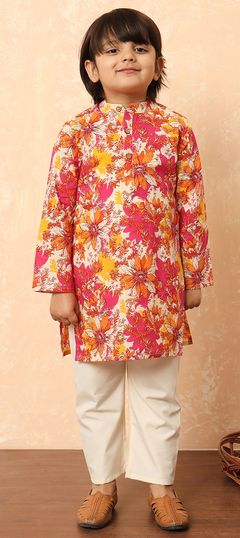 Festive, Summer Pink and Majenta color Boys Kurta Pyjama in Cotton fabric with Floral, Printed work : 1915636