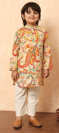 Festive, Summer Beige and Brown color Boys Kurta Pyjama in Cotton fabric with Printed work : 1915640