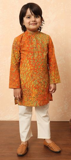 Festive, Summer Orange color Boys Kurta Pyjama in Cotton fabric with Printed work : 1915650