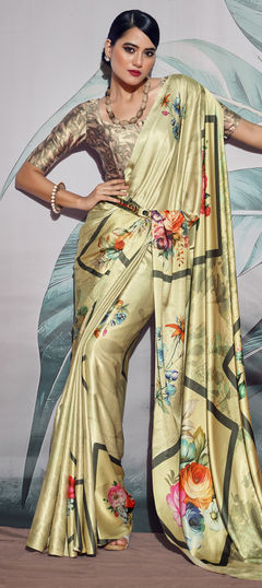 Party Wear, Traditional Gold color Saree in Satin Silk, Silk fabric with South Floral, Printed work : 1915680