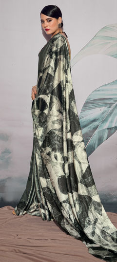 Party Wear, Traditional Black and Grey color Saree in Satin Silk, Silk fabric with South Printed work : 1915682