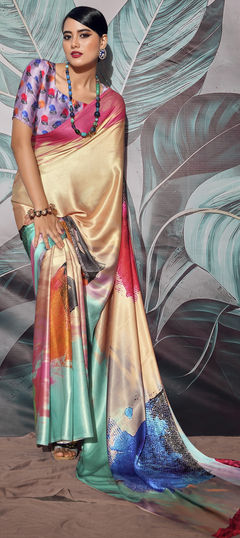 Multicolor color Saree in Satin Silk, Silk fabric with Printed work