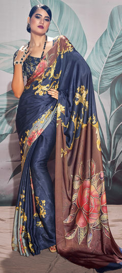 Party Wear, Traditional Beige and Brown, Blue color Saree in Satin Silk, Silk fabric with South Printed work : 1915684