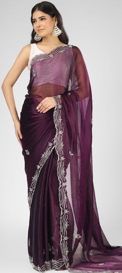 Purple and Violet color Saree in Chiffon, Silk fabric with Zircon work