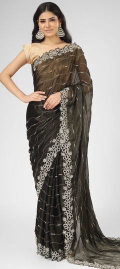 Black and Grey color Saree in Chiffon, Silk fabric with Zircon work